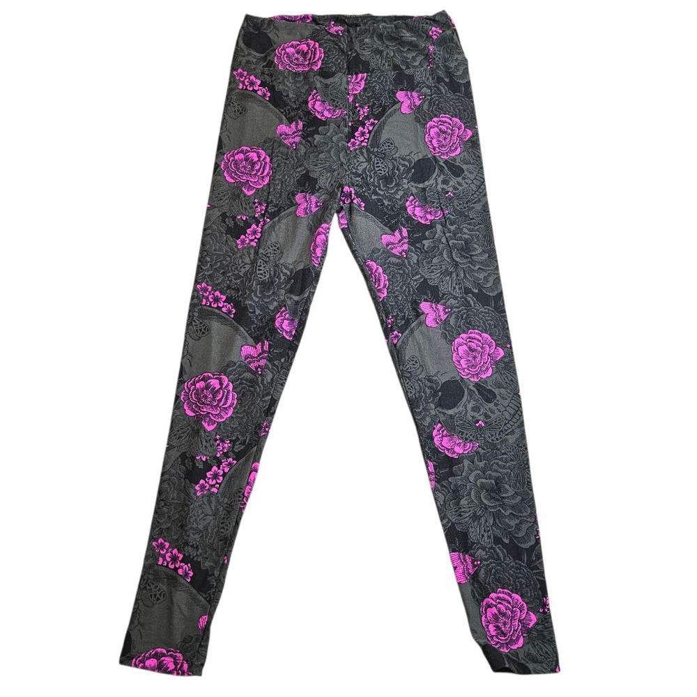 LuLaRoe One Size Black Pink Floral Skull Butterfly Leggings - Picture 3 of 5